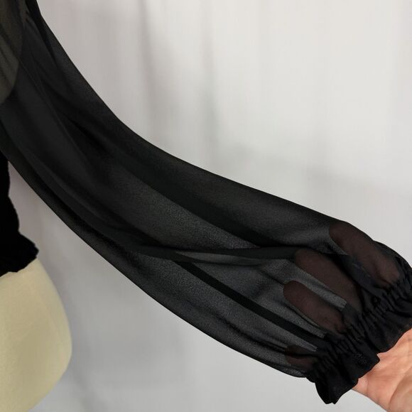 Aritzia Wilfred Tempest Blouse Sheer Long Sleeve Black Smocked Cropped Medium - Picture 7 of 13